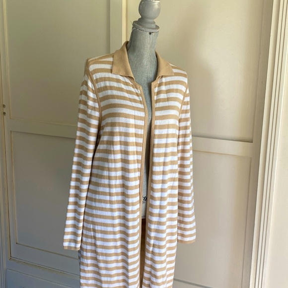 CHICO's TAN & WHITE STRIPE REVERSIBLE OPEN FRONT DUSTER CARDIGAN SIZE L 🌟EUC🌟 - Picture 2 of 15